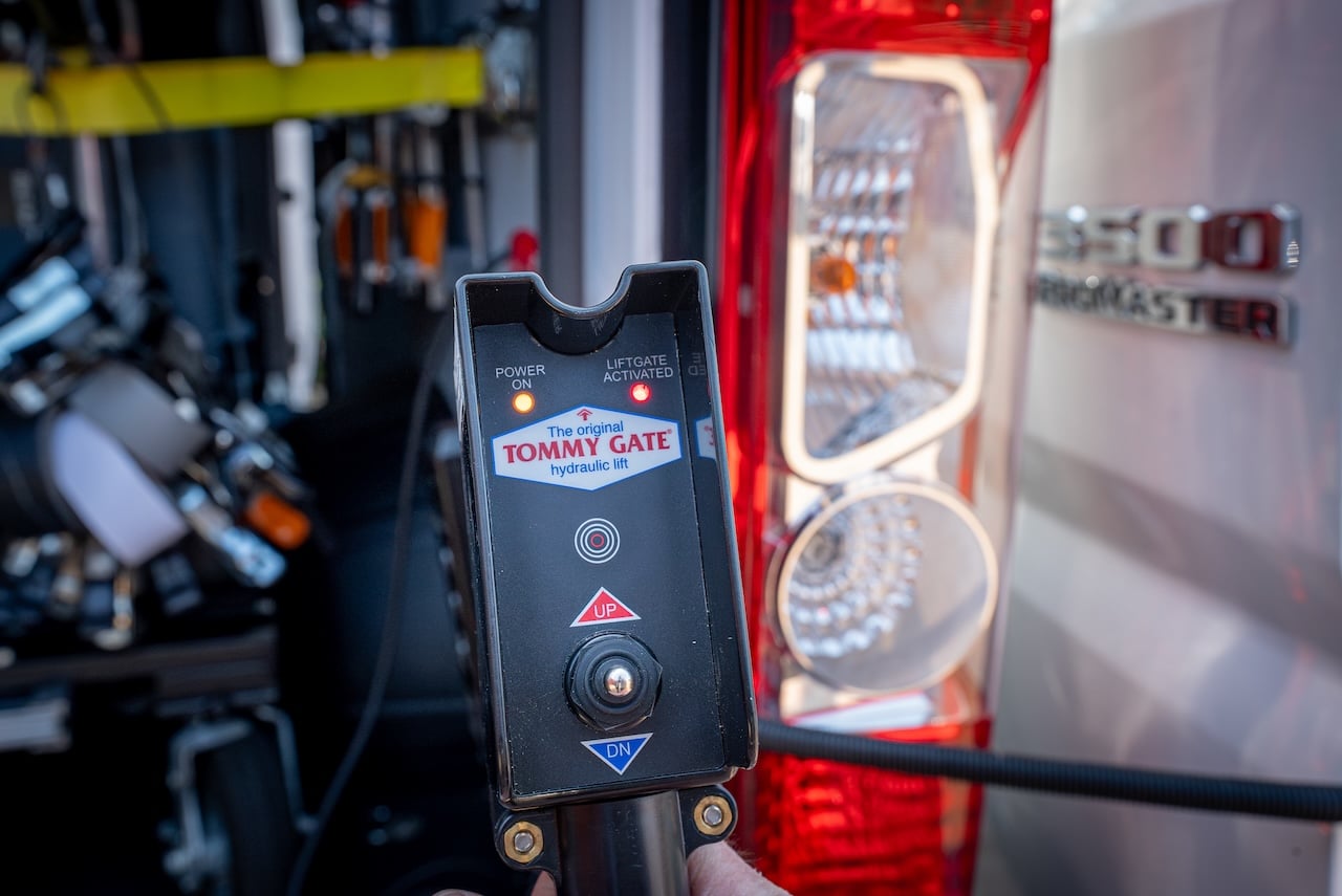 Tommy Gate liftgate control panel mounted inside the rear of the 2 ton production truck