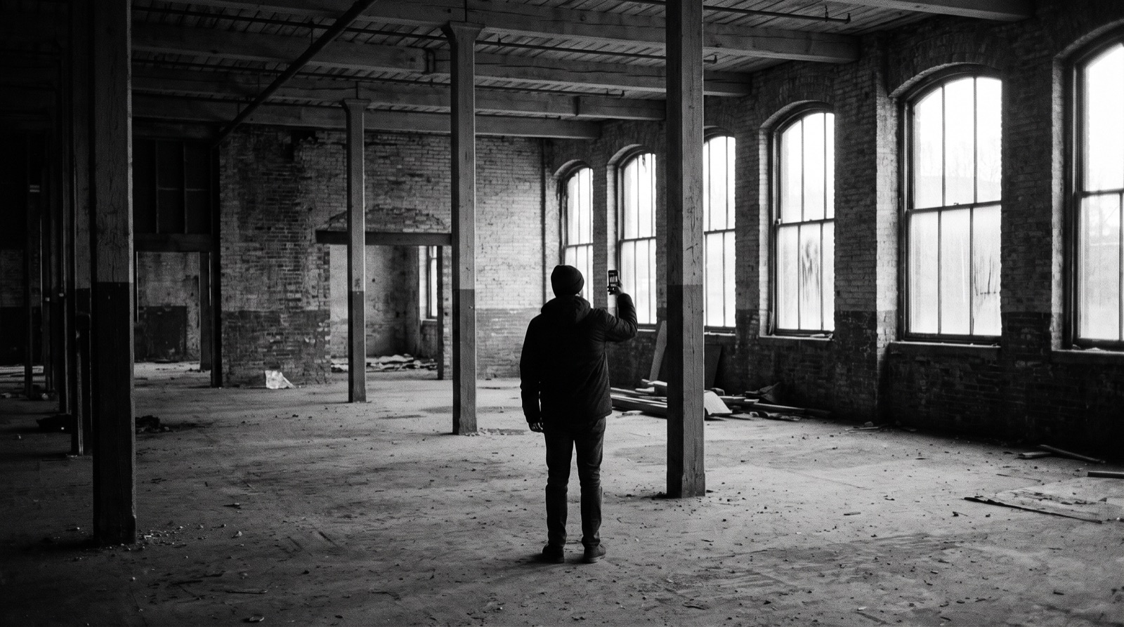 Location scout seen from behind, photographing an empty brick warehouse loft with tall arched windows on a phone