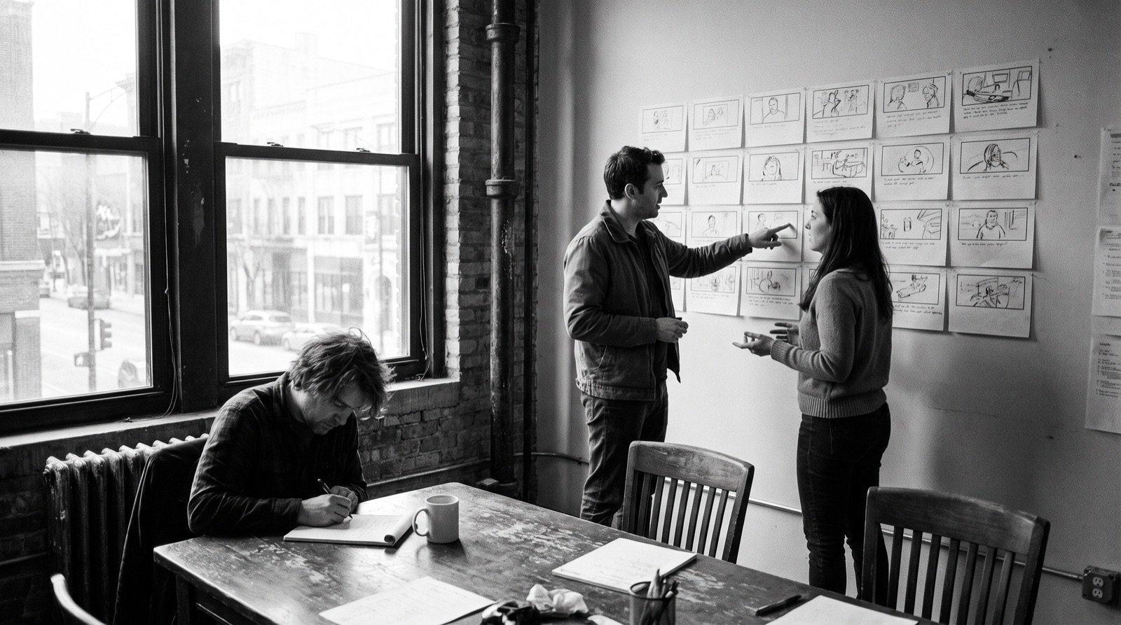 Two creatives at a wall of storyboard frames in a brick writers' room while a third takes notes at the table