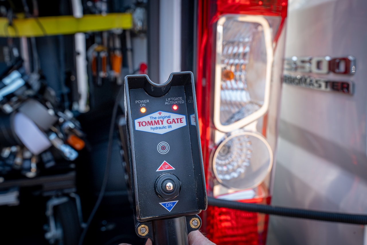 Tommy Gate liftgate control panel mounted inside the rear of the 2 ton production truck