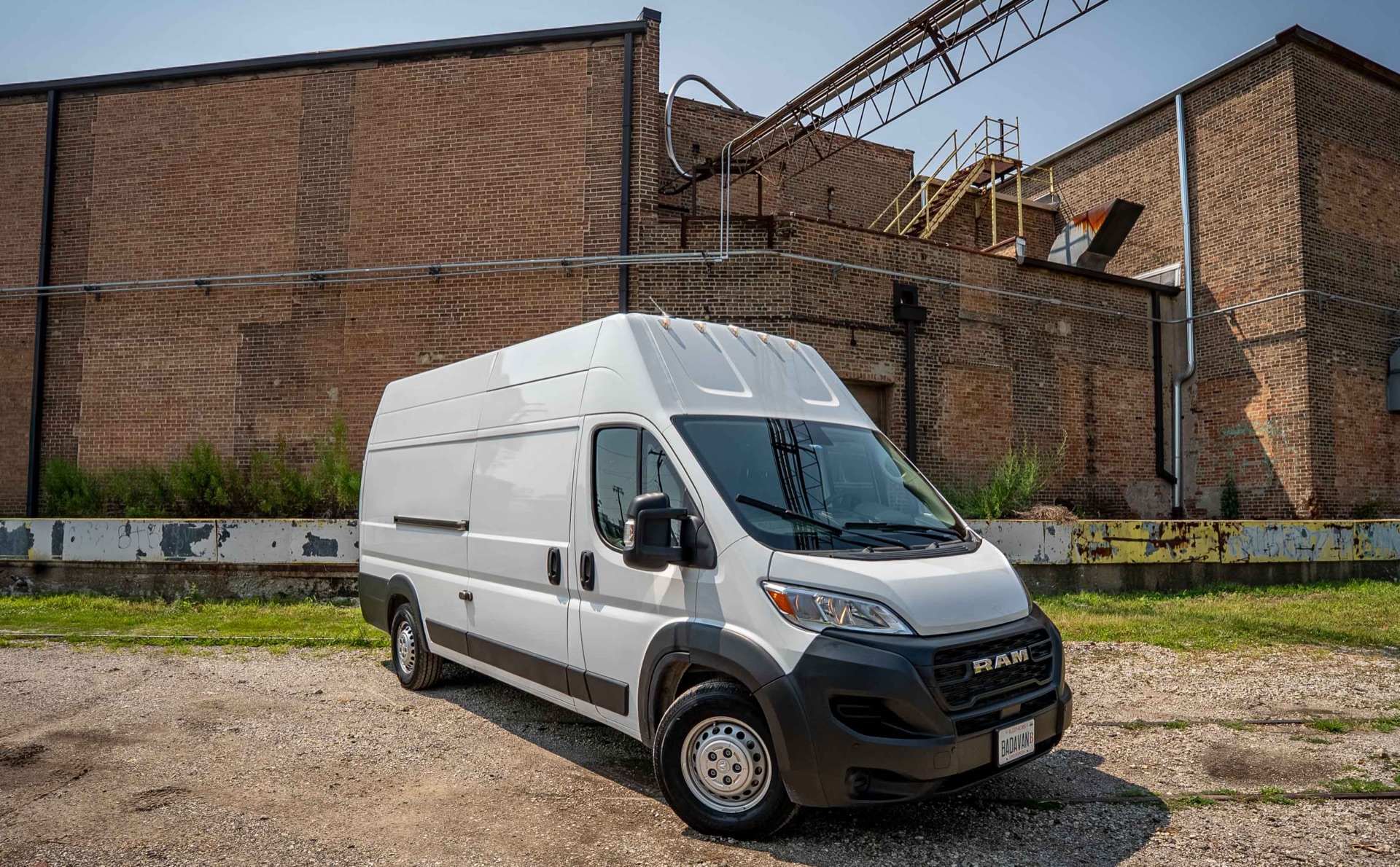 Front three quarter view of the white 2 ton Ram ProMaster 3500 production truck in Chicago